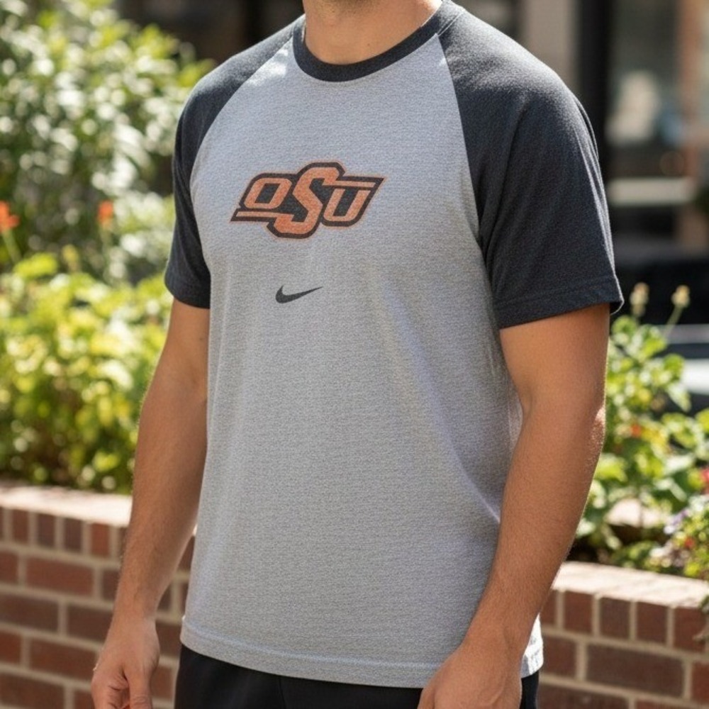 Nike‎ OSU Cowboys Raglan T Shirt Men's Large Grey Black Short Sleeve Athletic